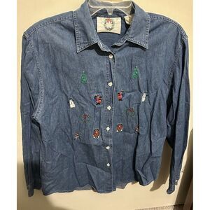 Christopher & Banks Womens Button Up Shirt:  Santa/Christmas Theme Size L‎